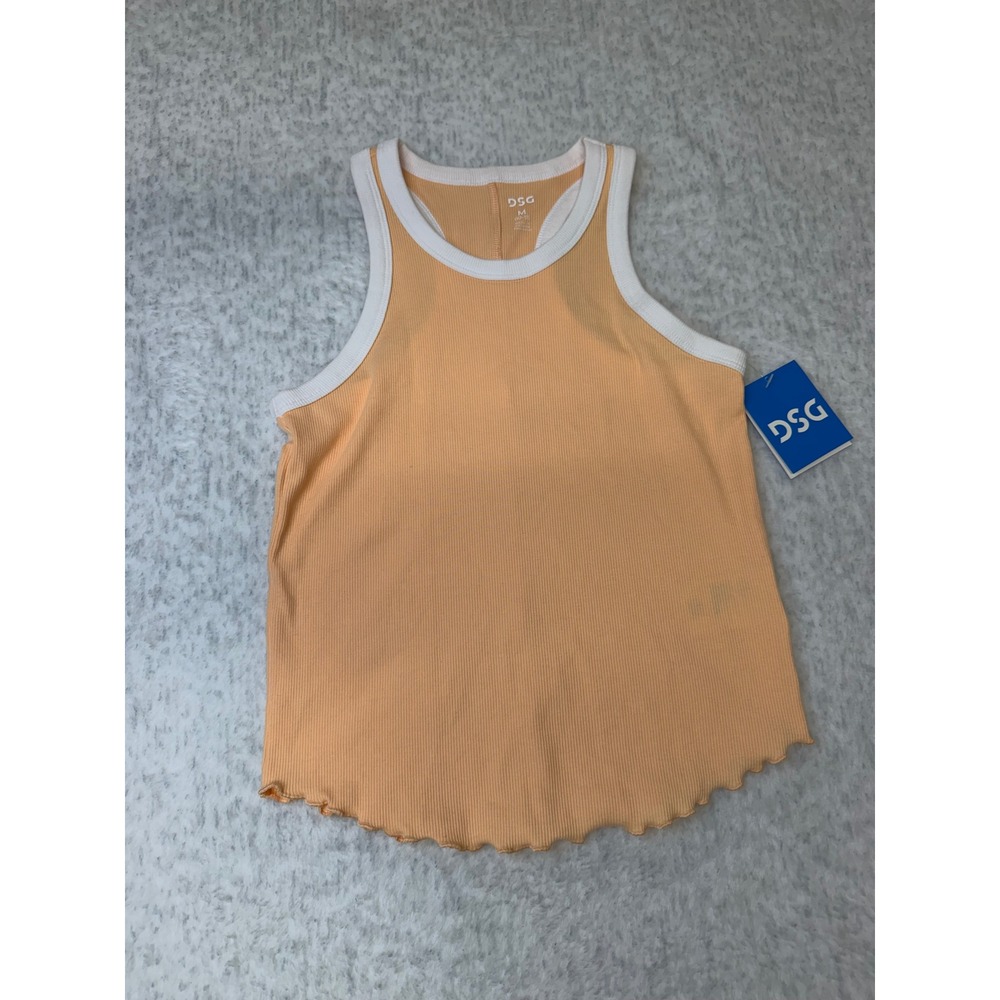 DSG Girls Cotton Rib Tank Peach Orange White Trim Lettuce Hem Size M 10-12‎ NEW